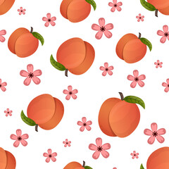 Peach fruit and plants seamless pattern. Peach in cartoon style repeated backdrop. Whole fruit and cut half. Food template for background, textile, wrapping paper, wallpaper. Vector illustration