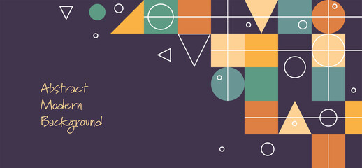 Minimal geometric abstract background. Modern art mid-century pattern of circle square and triangles. Blue green  and yellow shapes and outline design elements in purple banner or business template