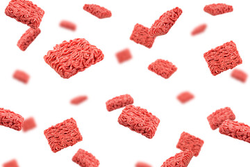 Falling minced meat, pork, beef, forcemeat, isolated on white background, selective focus