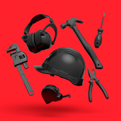 Flying view of black construction tools for repair on red background