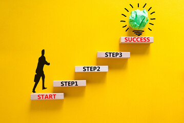 Strat, step and success symbol. Concept words Start step 1 2 3 success on wooden blocks on a...