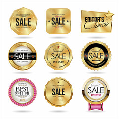 Collection of golden badges and labels retro super sale style