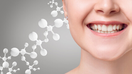 Beautiful smile with health teeth near white molecules chain.