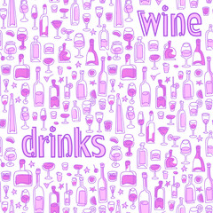 Wine and drinks seamless vector pattern. line art Wine bottle and wine glass vector illustration. Drink wine bar tile background