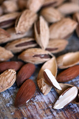 Selective focus. Macro. Shelled almonds. Useful nuts.