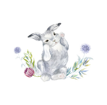 Watercolor bunny with flowers. Easter Card.