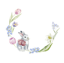 Watercolor bunny with flowers. Easter Card.