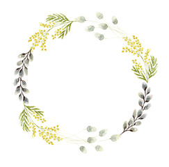 Watercolor wreath with flowers and branches.