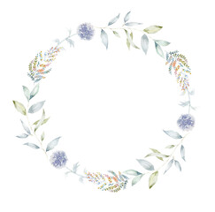 Watercolor wreath with flowers and branches.