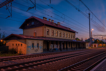 Fototapeta na wymiar Hostivar station in Prague with sunset color evening