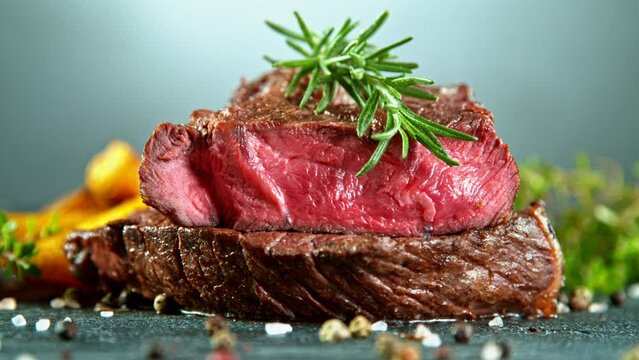 Close-up of falling rosemary on tasty beef steak, super slow motion, filmed on high speed cinematic camera at 1000 fps.