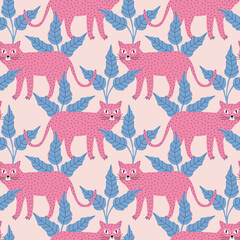 Pink leopard and blue tropical leaves hand drawn vector illustration. Colorful wild cat and jungle seamless pattern for kids fabric or wallpaper.