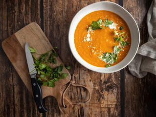 Red lentil tomato soup, healthy vegan dish