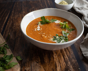 Red lentil tomato soup, healthy vegan dish