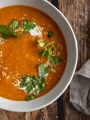 Red lentil tomato soup, healthy vegan dish