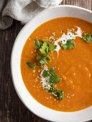 Red lentil tomato soup, healthy vegan dish