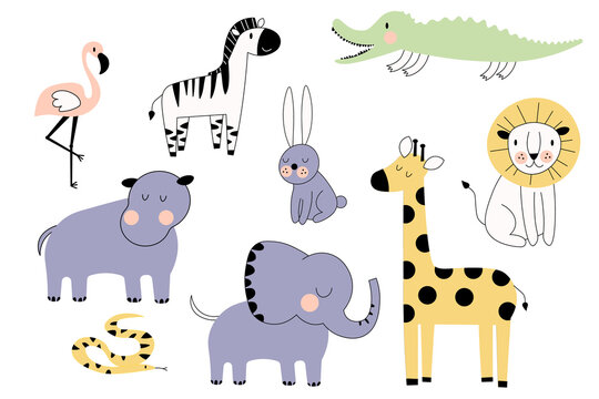 Set of cartoon African animals. A Giraffe, a lion, an elephant, a zebra, a hippo. Vector EPS