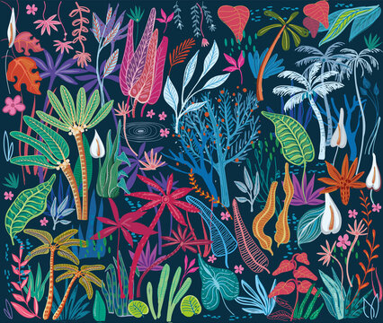 Tropical exotic plants Modern hand drawn art