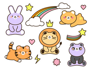 Obraz premium Collection of cute animals hand drawn on white background. Cartoon character design set. Rabbit, bear, lion, tiger. Kid graphic. Vector. Illustration. EPS