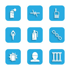 Set Hand grenade, Vandal, Prison window, Chain link, Torch flame, Walkie talkie and Paint spray can icon. Vector