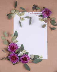 Flatlay mit Skabiosen, Sterndolde und Eukalyptus, Top View, Sommerblumen auf natürlichen...