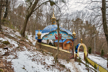 Chapel in the forest. Kremenets Mountains Park Bozha Hora.