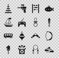 Set Toy building block bricks, Bow toy, Sword, Abacus, Gamepad, boat, Pyramid and Baby dummy pacifier icon. Vector