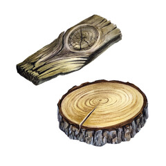 Set of old wooden board and round wood cutting. Watercolor illustration isolated on white background.