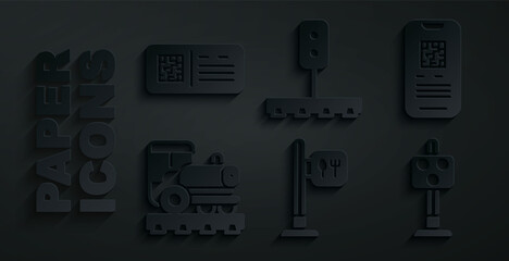 Set Cafe and restaurant location, E-ticket train, Vintage locomotive, Train traffic light, and QR code icon. Vector
