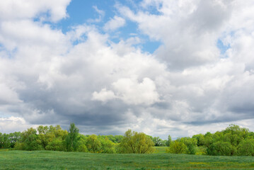 Summer landscape, green field under blue sky with white clouds
