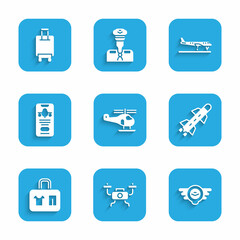 Set Helicopter, Drone flying, Aviation emblem, Rocket, Suitcase, Mobile with ticket, Plane and icon. Vector