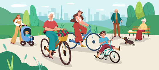 Flat people walk in public park. Happy family ride a bicycle. Old woman sitting on a bench. Grandfather with dog. Mother walking with baby stroller, kid cycling. Leisure outdoor activity, recreation.