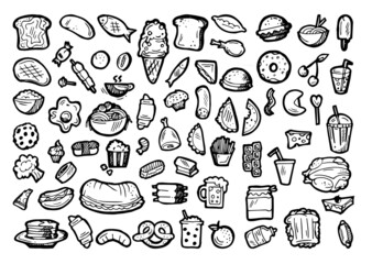 Set of food. Sweet pastries and meat dishes. Baking buns and meat dishes. Hand drawing outline. Isolated on white background. Monochrome drawing. Vector