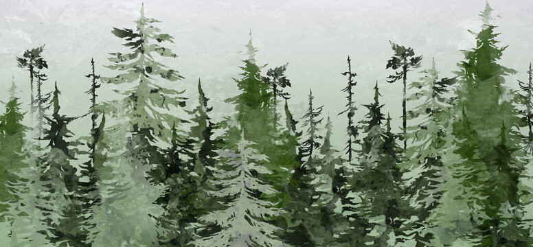 contour painted spruce trees art drawing in watercolor brushes photo wallpaper © Viktorious_Art