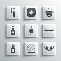 Set Montreal Biosphere, Deer antlers, Kayak, TV CN Tower in Toronto, Bottle of maple syrup, Wooden axe and Canadian ranger hat icon. Vector