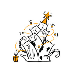 Obraz premium Cats Christmas tree. Merry Christmas hand drawn vector illustrat. Sketch happy cats characters celebrate Xmas. Cute scandinavian illustration. Winter holiday greeting card, poster,