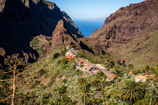 Aerial view of Masca village, Macizo de Teno mountains, Tenerife, Canary Islands, Spain