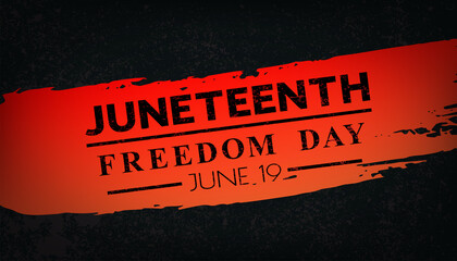 Juneteenth Freedom Day June 19 greeting vector concept. African - American Independence day. Text on red brushstroke on black background - obrazy, fototapety, plakaty