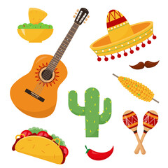 Set of Mexican elements. Sombrero hat, Guitar, Maracas, tacos, nachos with guacamole and corn icons isolated on white background. Carnival, masquerade, party, festive accessories. Vector illustration.