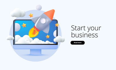 Start your business website template. Start up landing page, banner with notebook, rocket, clouds 3D render. Vector