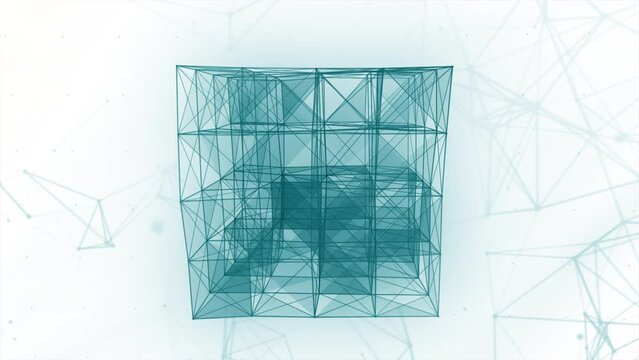 White background. Motion. A blue square made of a thin web in animation that slowly spins.
