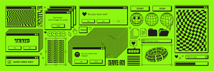 Old computer aestethic. Retro pc elements, user interface, operating system, windows, icons, smile in trendy y2k rave retro style. Sticker pack of retro pc illustrations. Nostalgia for 1990s -2000s. - obrazy, fototapety, plakaty