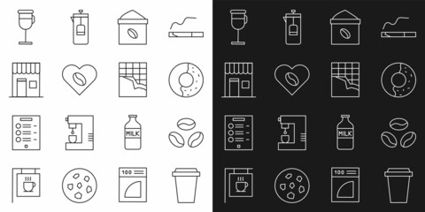Set line Coffee cup to go, beans, Donut with sweet glaze, Bag coffee, Lovers, shop, Irish and Chocolate bar icon. Vector