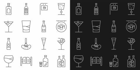 Set line Bottles of wine, Cocktail, Street signboard with Bar, Glass vodka, Martini glass, Whiskey bottle and Champagne icon. Vector