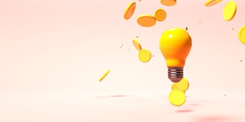 Light bulb with flying coins - 3D render illustration