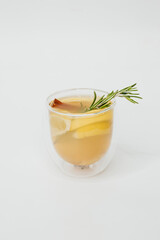 coffee tea orange lemon cinnamon white background