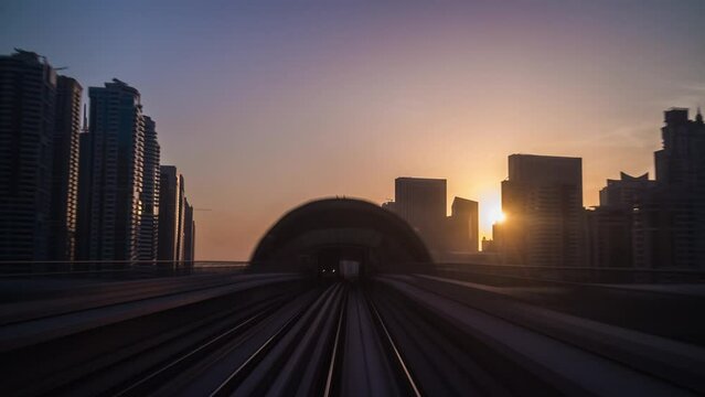 dubai city sunset light metro line ride front panorama 4k time lapse uae