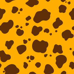 Fototapeta na wymiar Patterned texture of variegated giraffe fur or variegated cowhide. Seamless pattern of brown random spots. Texture banner. Imitation of coloring of animal skins. Vector illustration