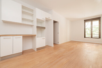 Empty living room with kitchen cabinets on one wall, freshly painted walls, light oak floor and bronze colored aluminum window