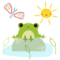 a Frog sits on a stone in a swamp.vector illustration of Amphibian, butterfly and sun for kids cards. 